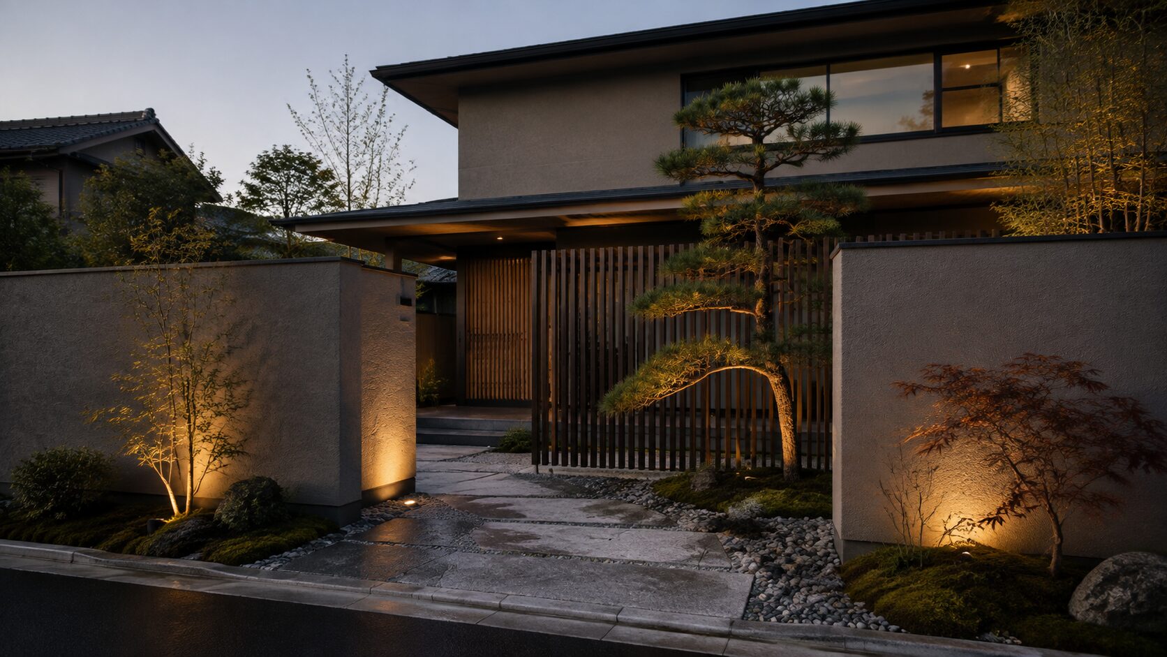 夕暮れの和モダン邸宅と石庭
