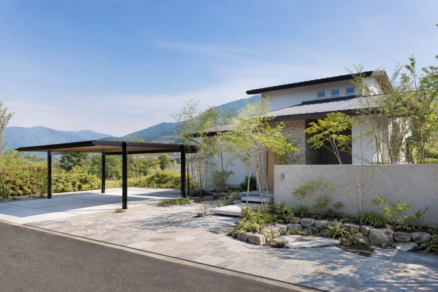 市川三郷町でおしゃれな外構工事を行った住まいとエクステリアのイメージ