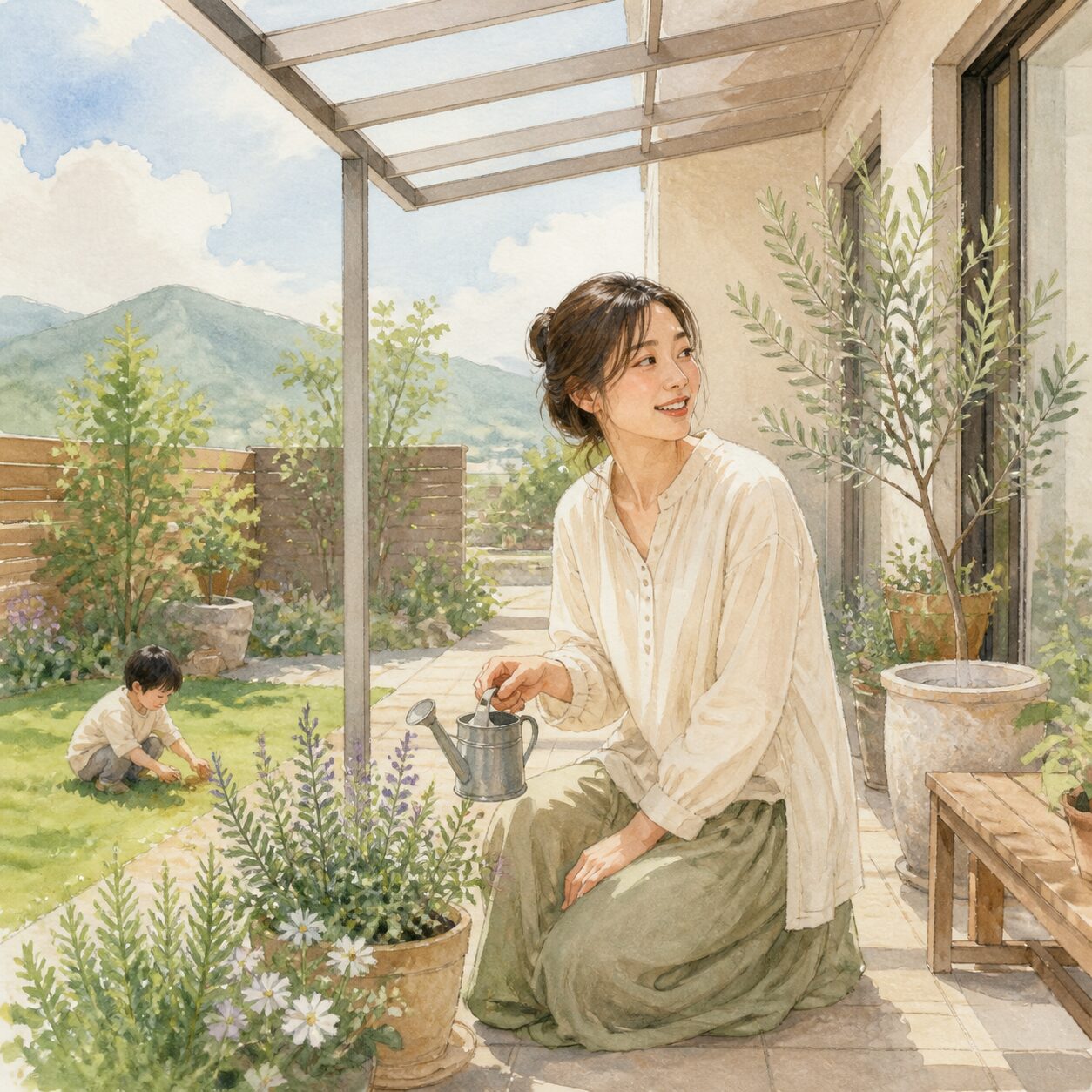 南アルプス市のお客様の声 2 の柔らかな水彩イラスト